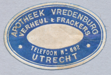 711558 Etiketje van Vredenburg”, Apotheek, Verheul & Frackers, Vredenburg 19 te Utrecht.